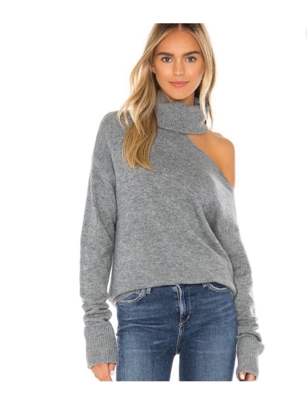PAIGE Gray Asymmetric Cold-Shoulder Wool Blend Turtleneck Sweater